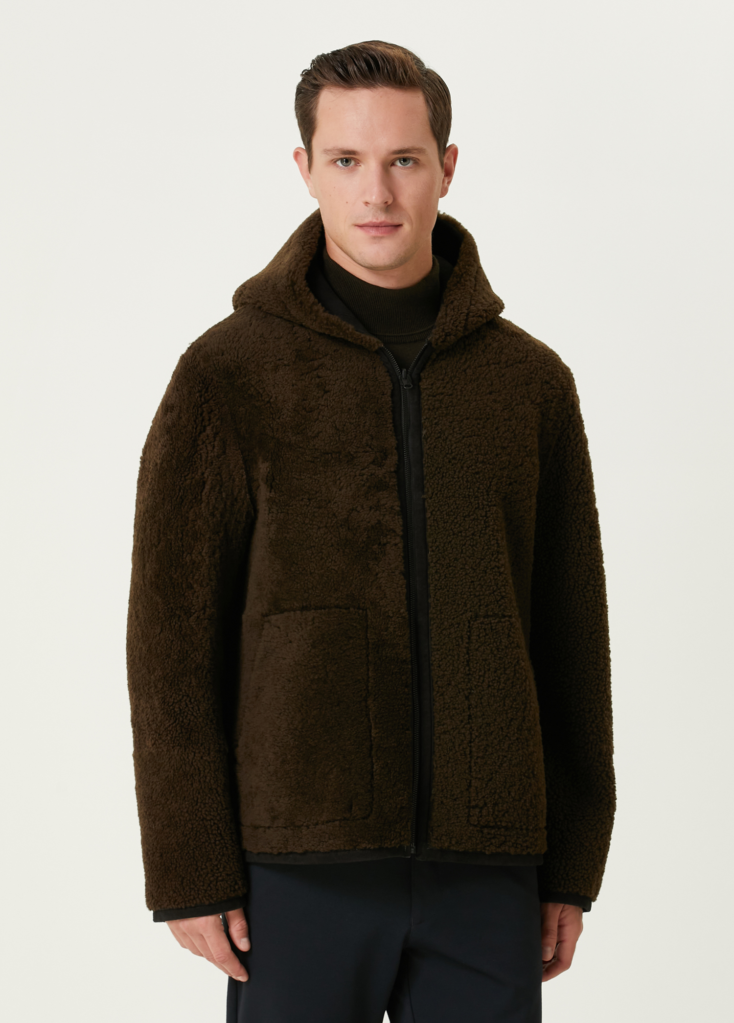 Koyu Haki Kapüşonlu Çift Taraflı Shearling Mont_1