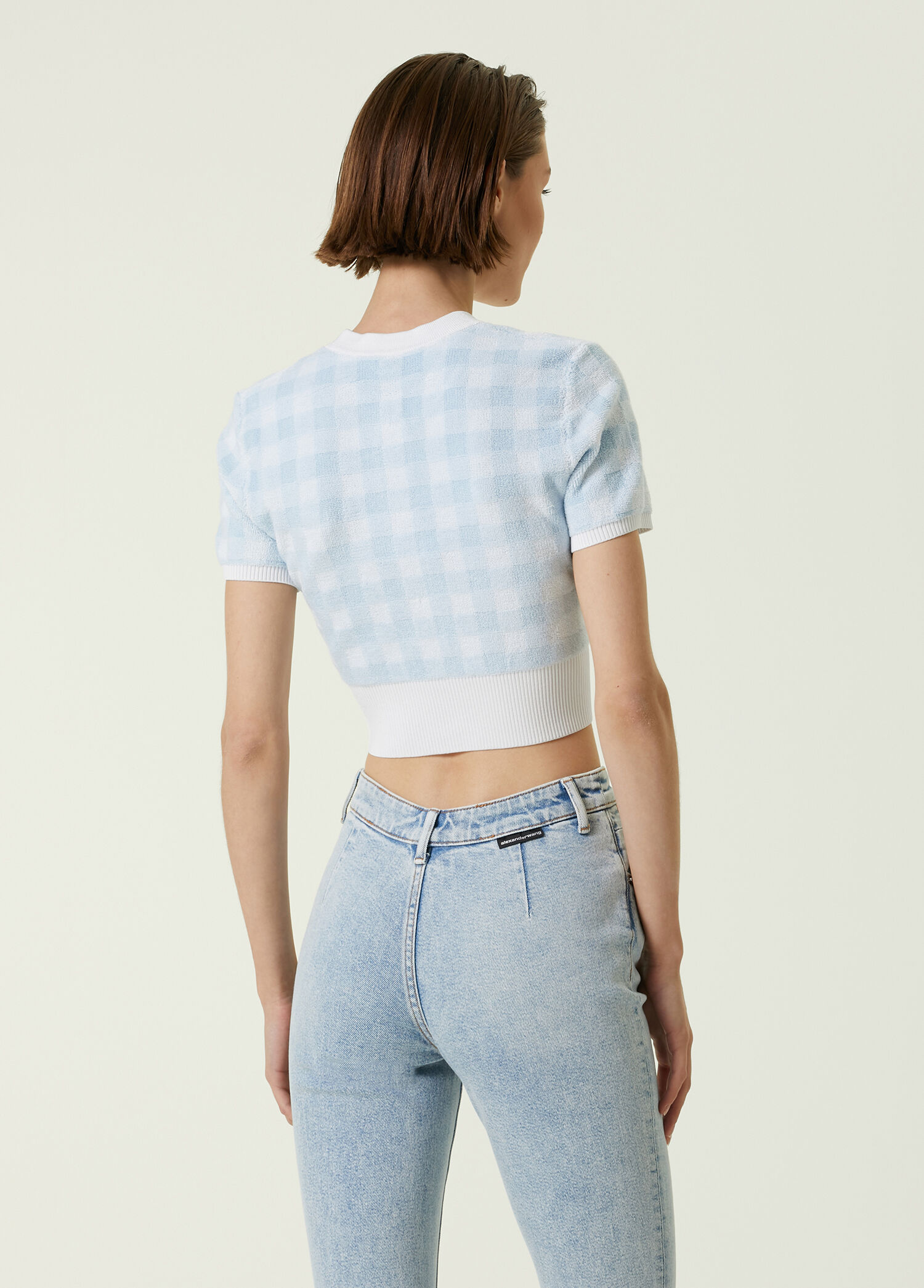 Beymen Mavi Beyaz Kareli Taşlı Logolu Crop Hırka. 4