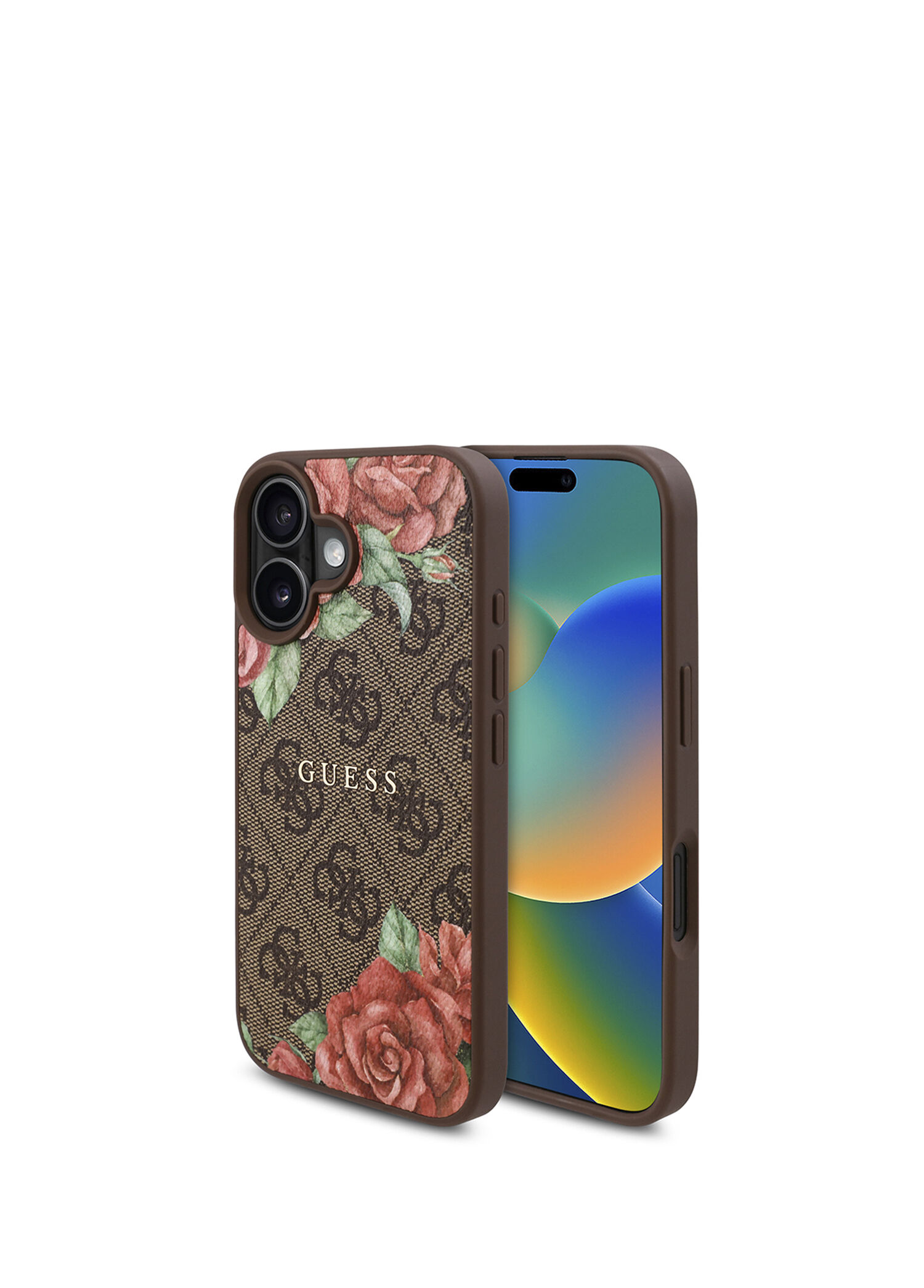 Guess - iPhone 16 Plus Magsafe Uyumlu Gül Baskılı Desenli Yazı Logolu Telefon Kılıfı - Kahverengi