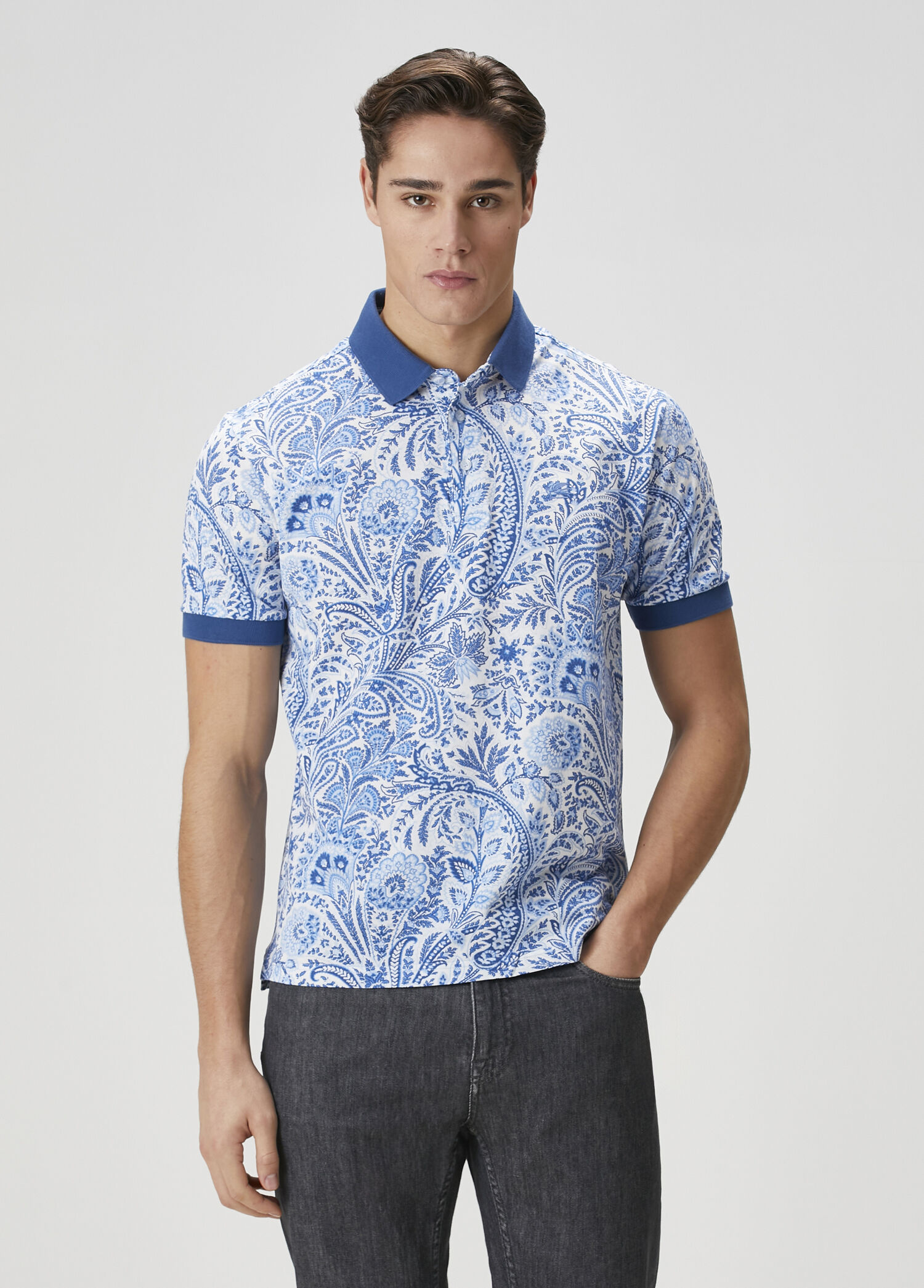 Mavi Etnik Desenli Polo Yaka T-shirt