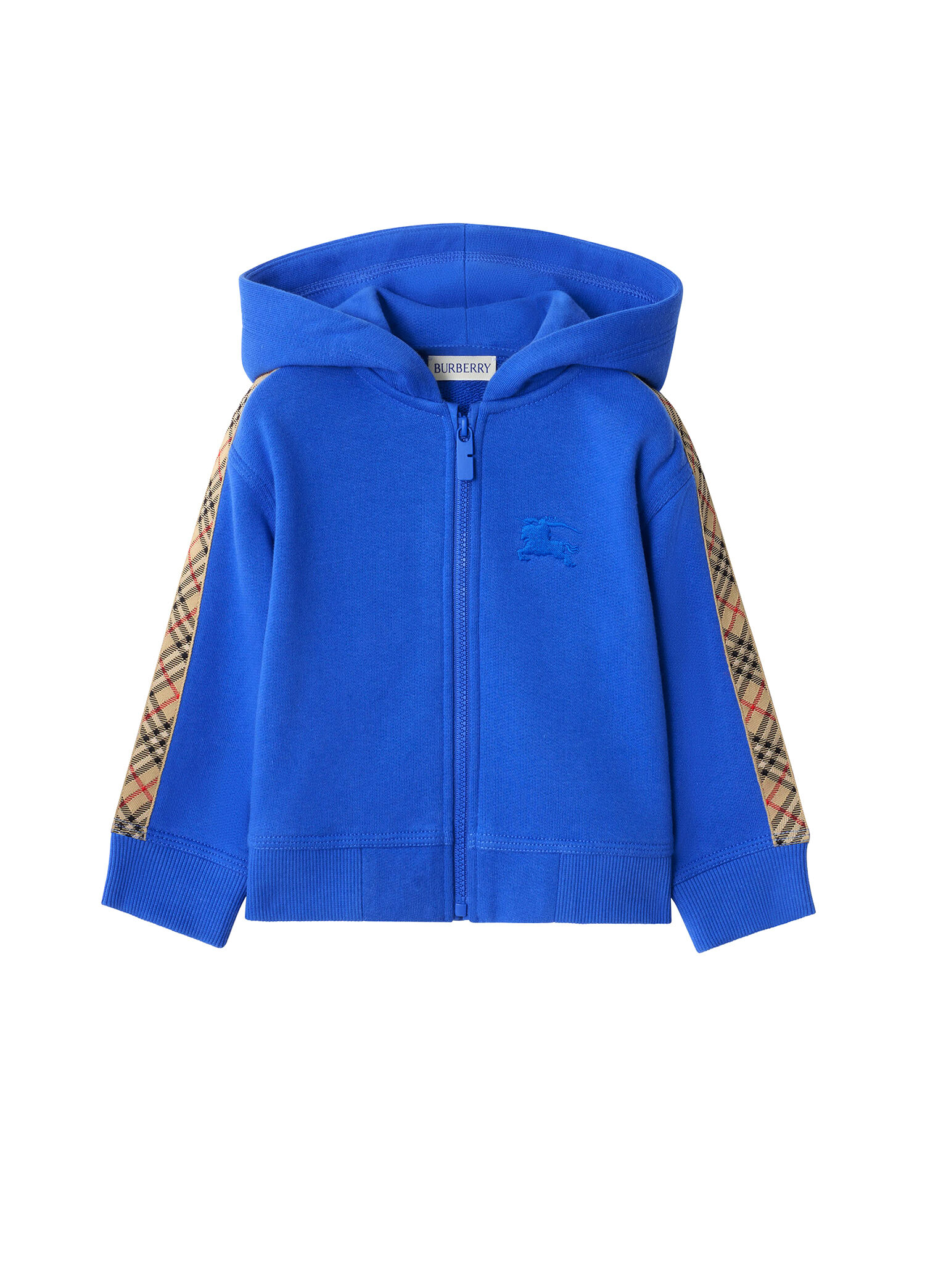 Check Trim Mavi Pamuklu Fermuarlı Kapüşonlu Unisex Çocuk Sweatshirt