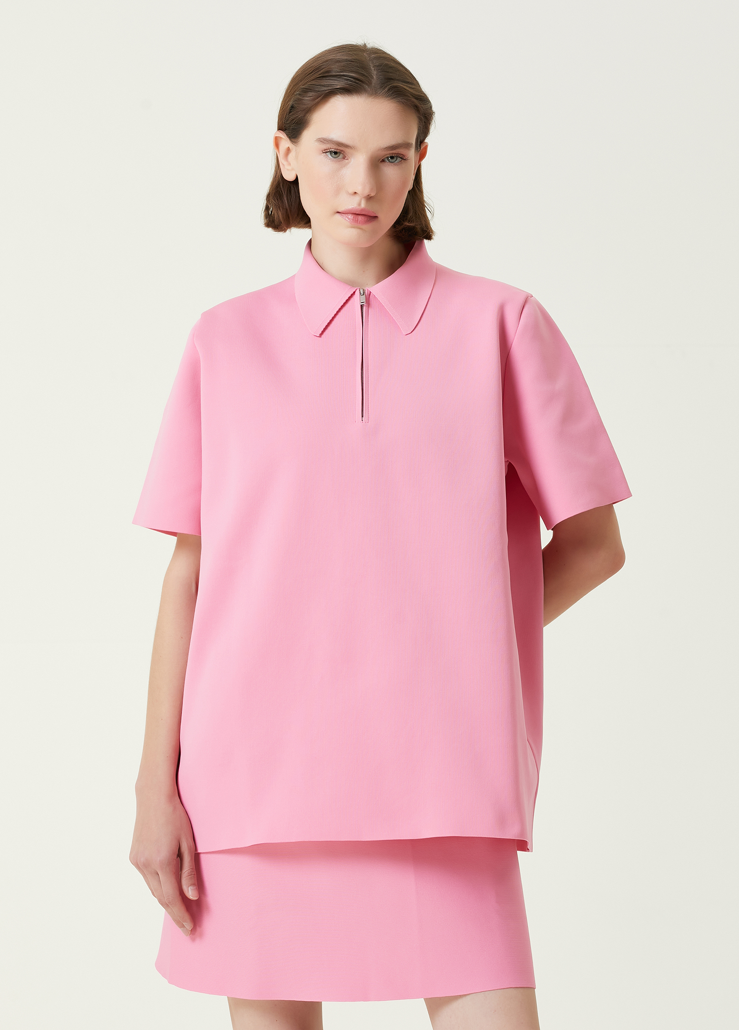 Pembe Fermuarlı Polo T-shirt