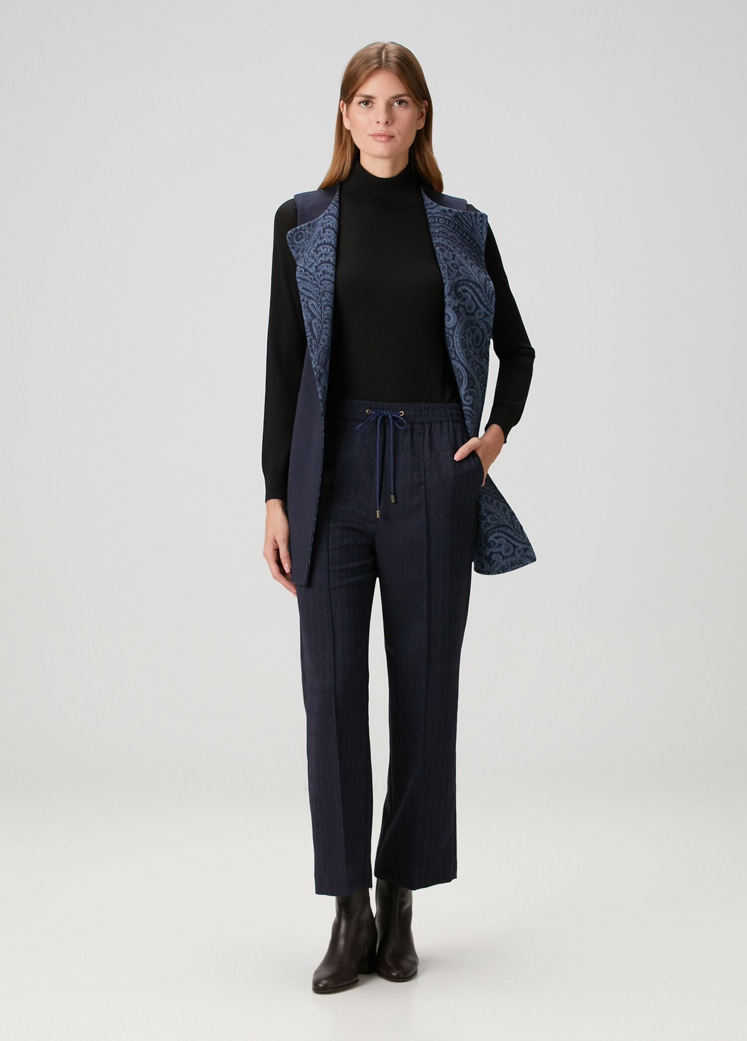 Dark Blue Jacquard Wool Pants