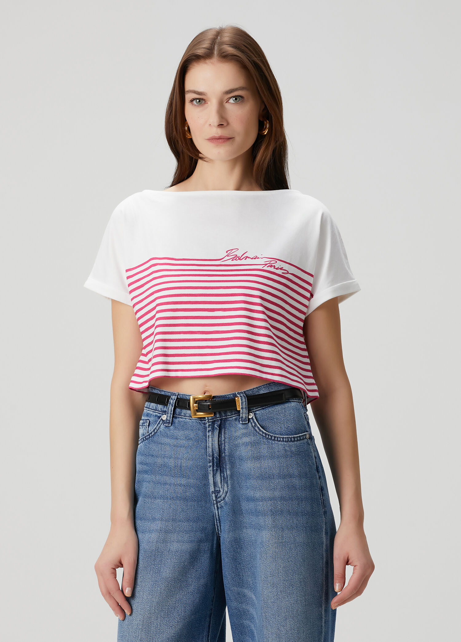 Beyaz Çizgili Crop T-shirt
