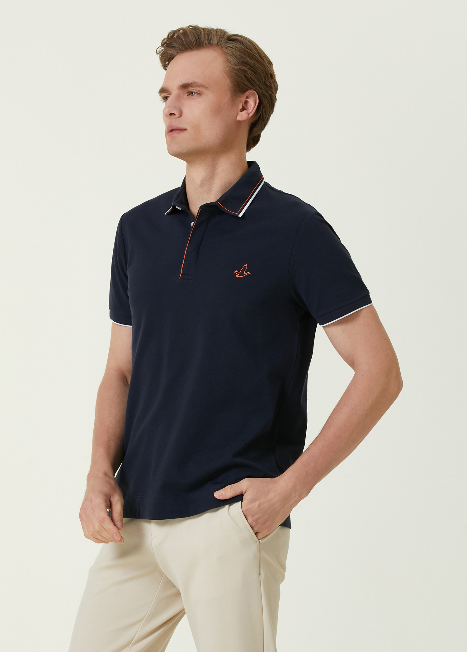 Slim Fit Lacivert Polo Yaka Zincir Dikişli T-shirt_2