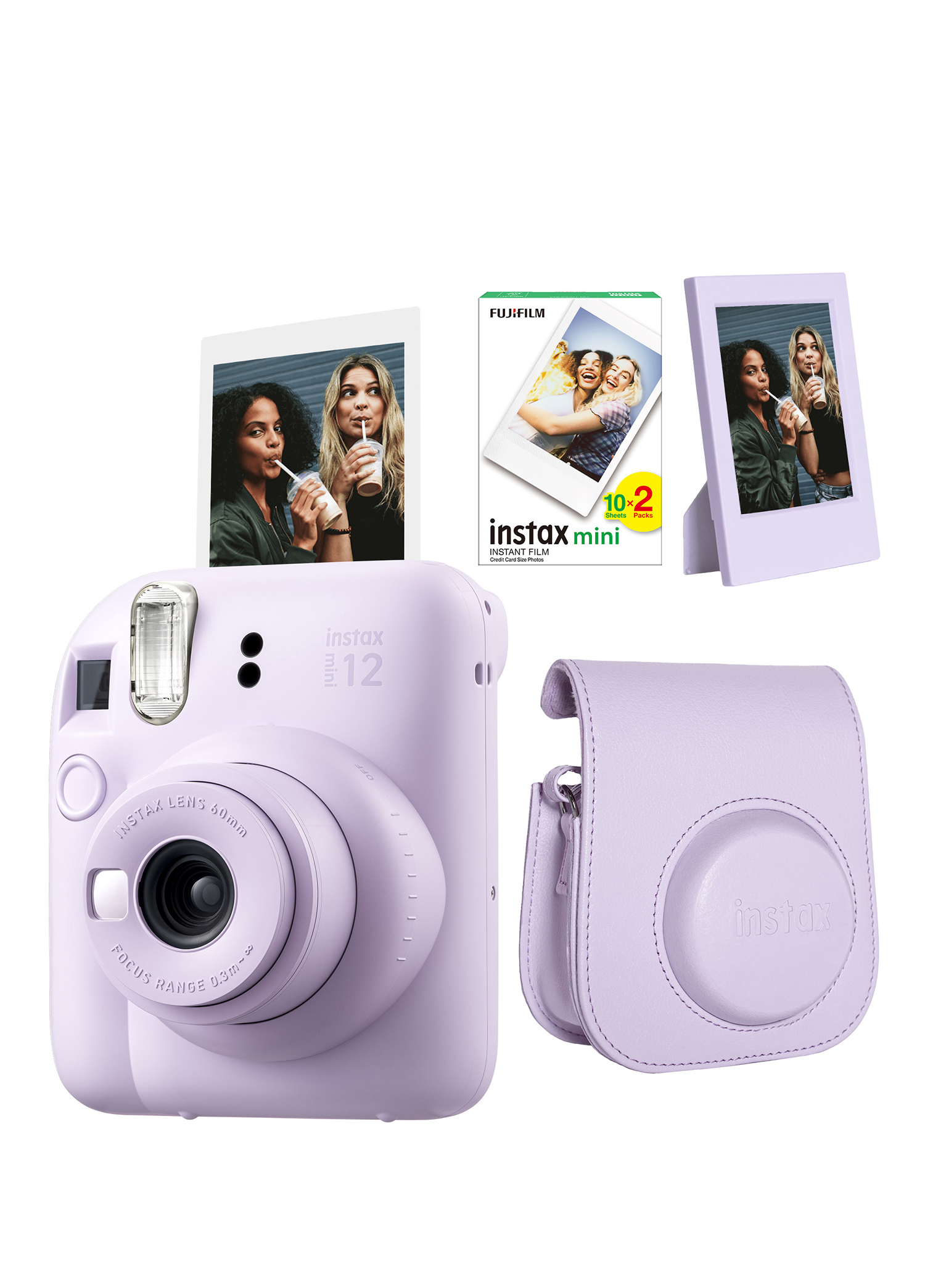 Instax Mini 12 Lila Fotoğraf Makinesi + 20'li Film Çerçeve ve Deri Kılıf Seti