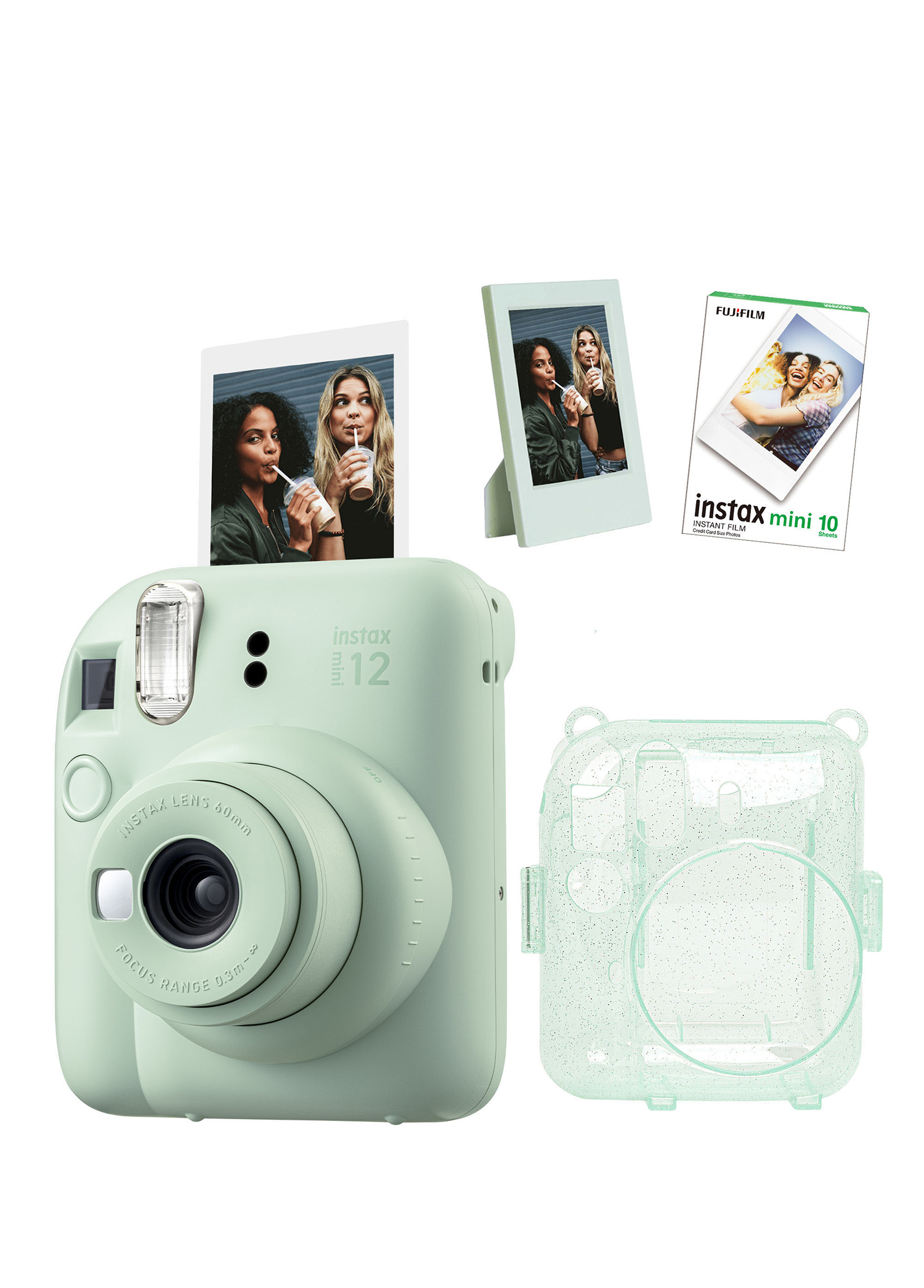 Instax Mini 12 Yeşil Fotoğraf Makinesi + 10'lu Film ve Simli Pleksi Kılıf Çerçeve Hediye Seti