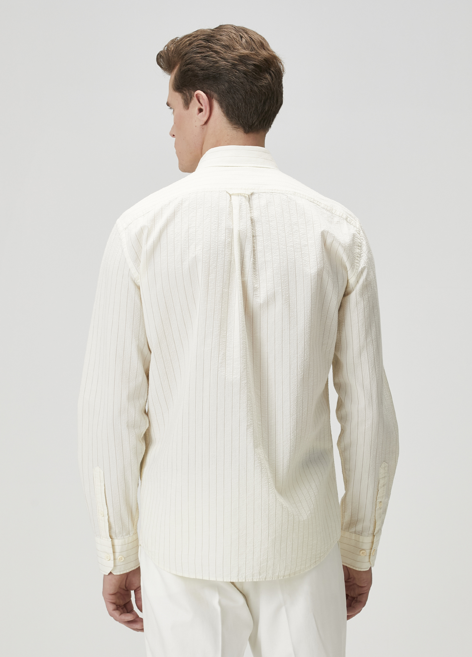 Slim Fit Krem Çizgili Gömlek_4