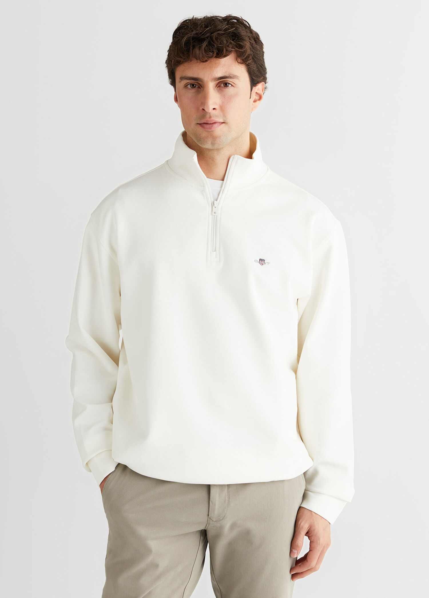 Beyaz Yarım Fermuarlı Relaxed Fit Erkek Sweatshirt