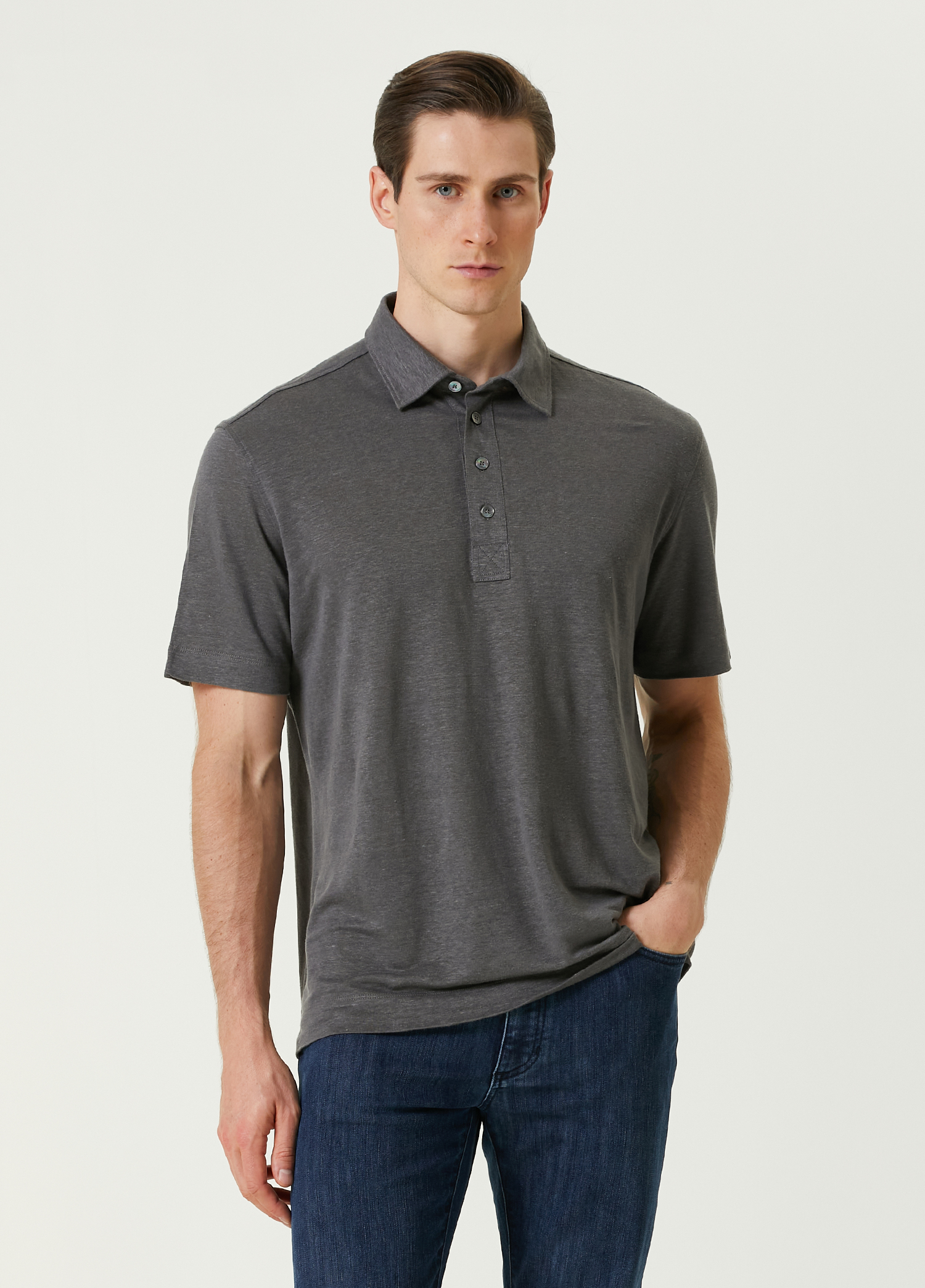 Gri Polo Yaka Keten T-shirt