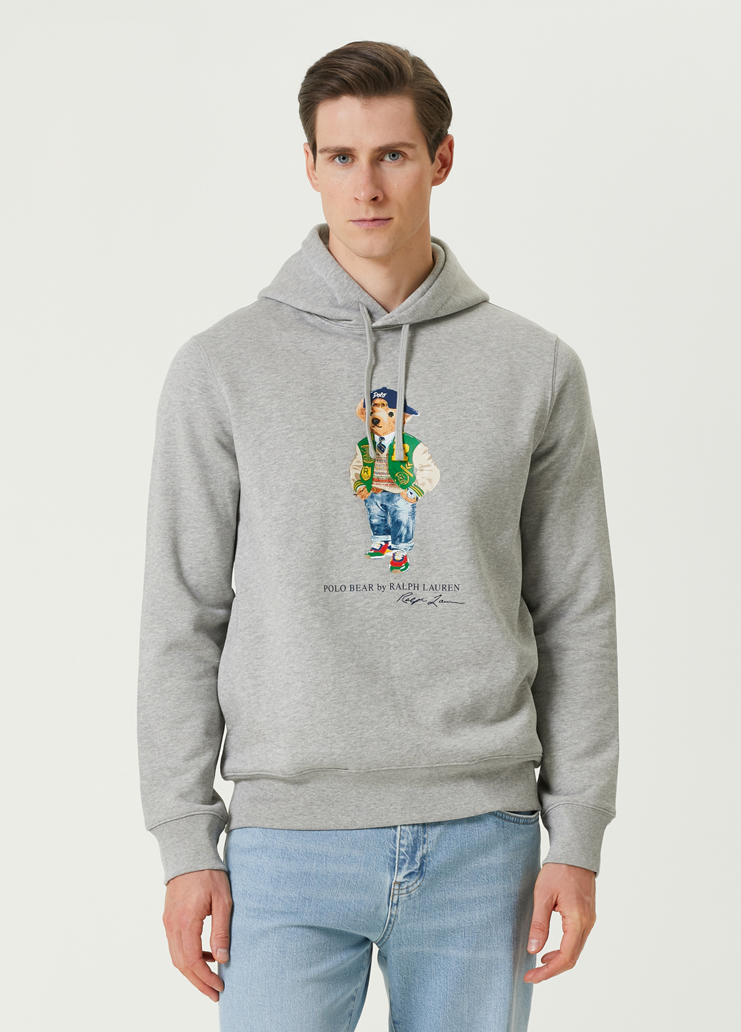 Gri Kapüşonlu Logo Baskılı Sweatshirt