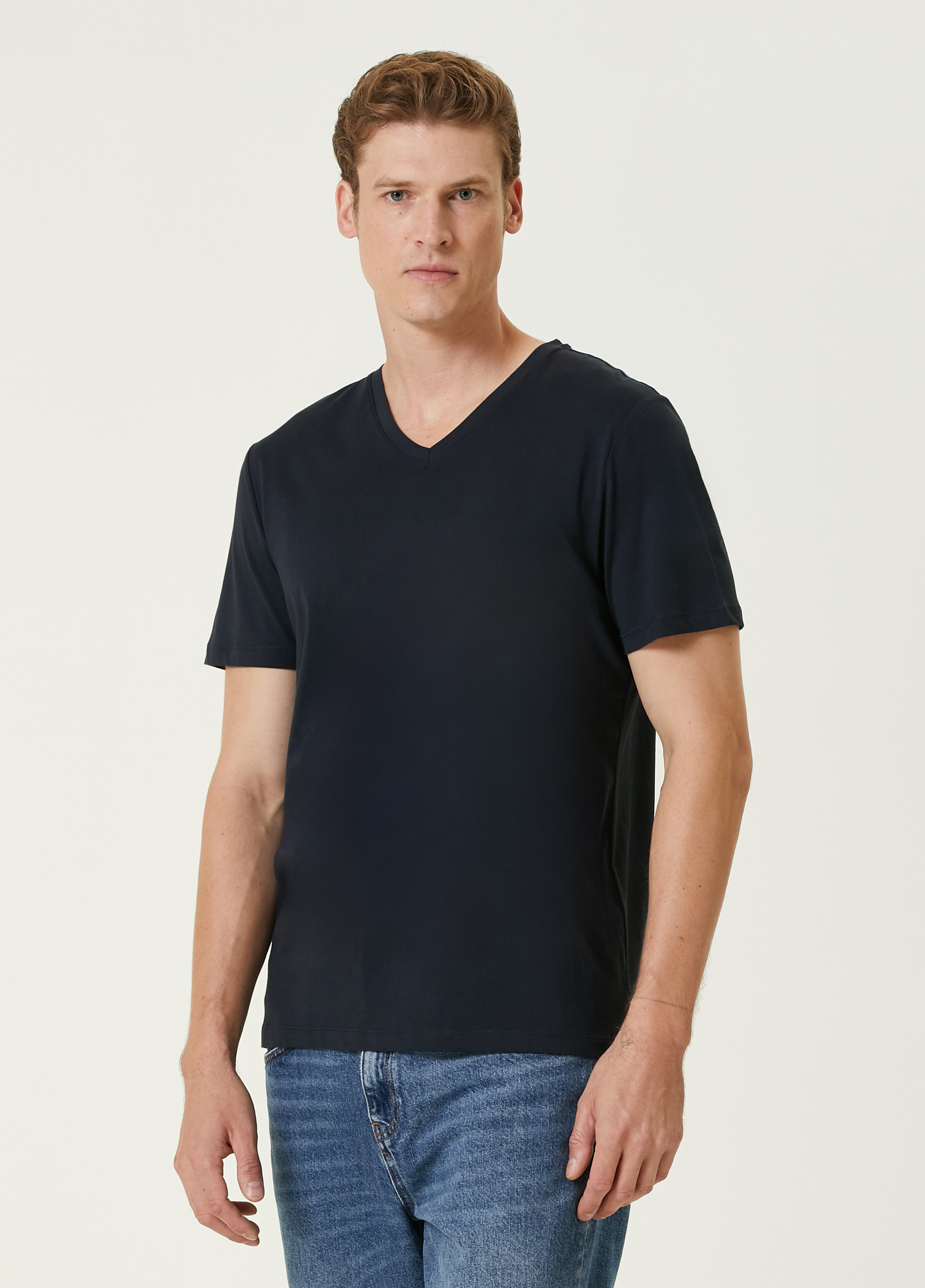 Lacivert V Yaka Basic T-shirt