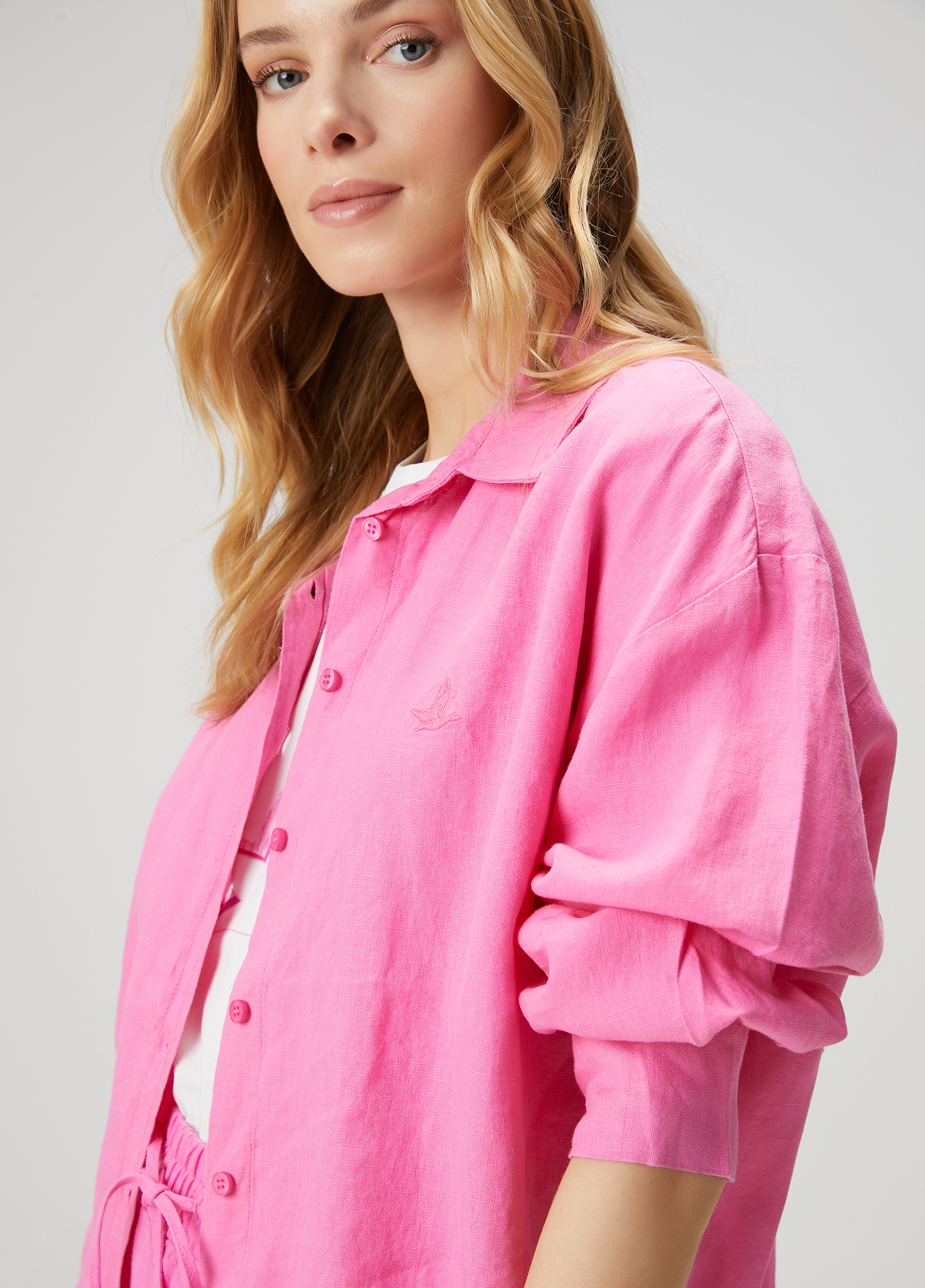 Oversize Pembe Keten Gömlek_3