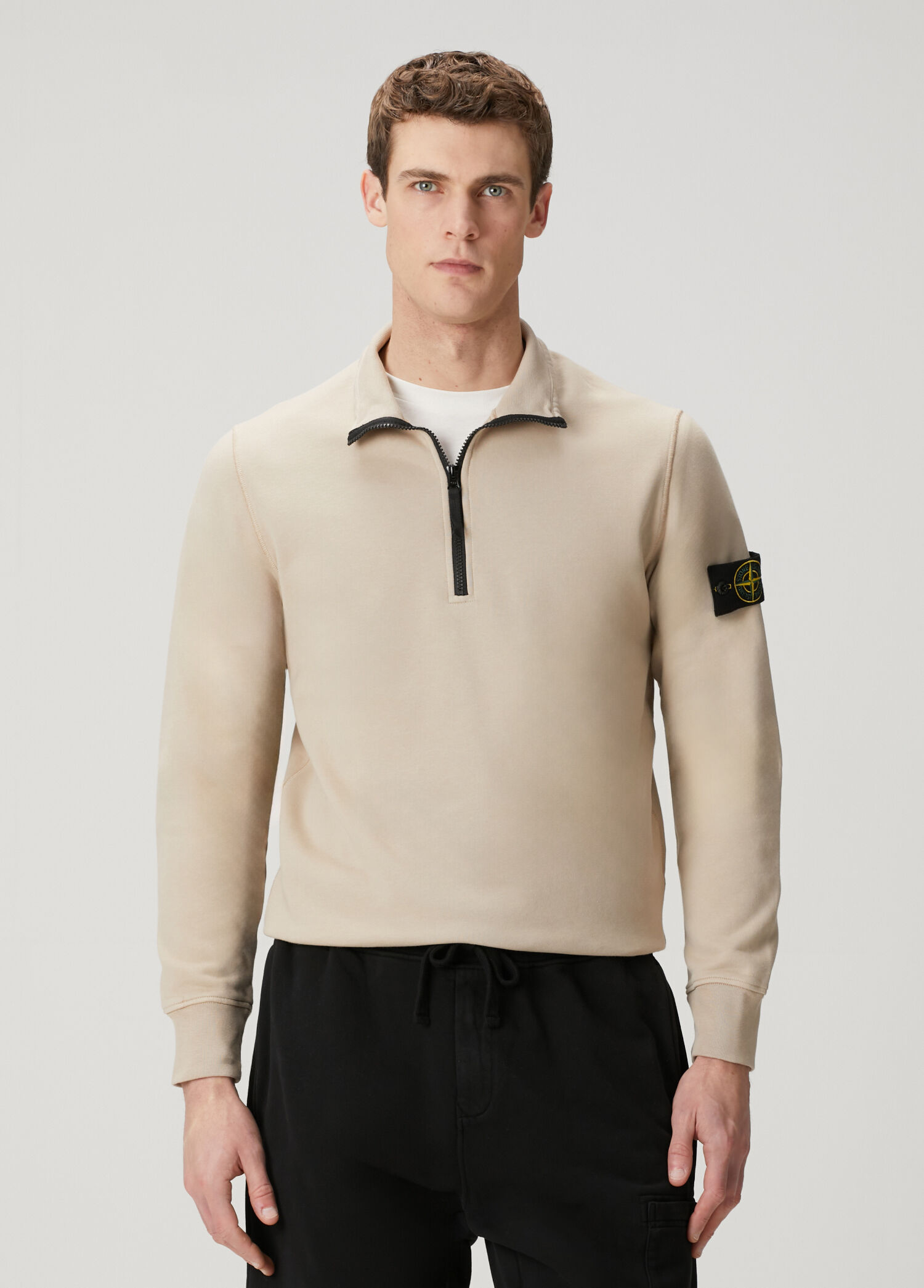 Bej Yakası Fermuarlı Sweatshirt