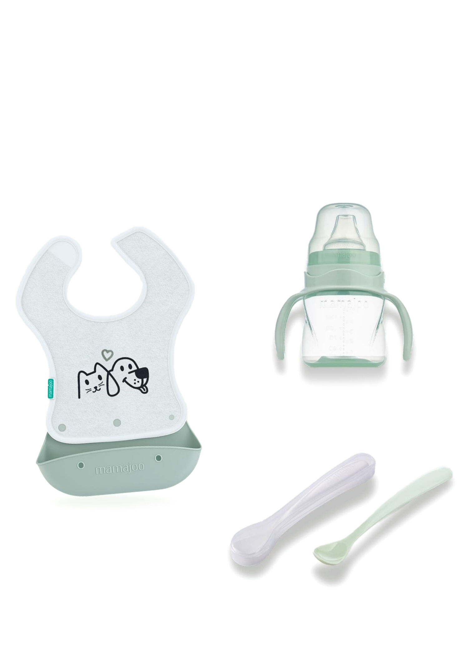Powder Green Silikon Kaşık & Alıştırma Bardağı ve Mama Önlüğü Bebek Beslenme Seti