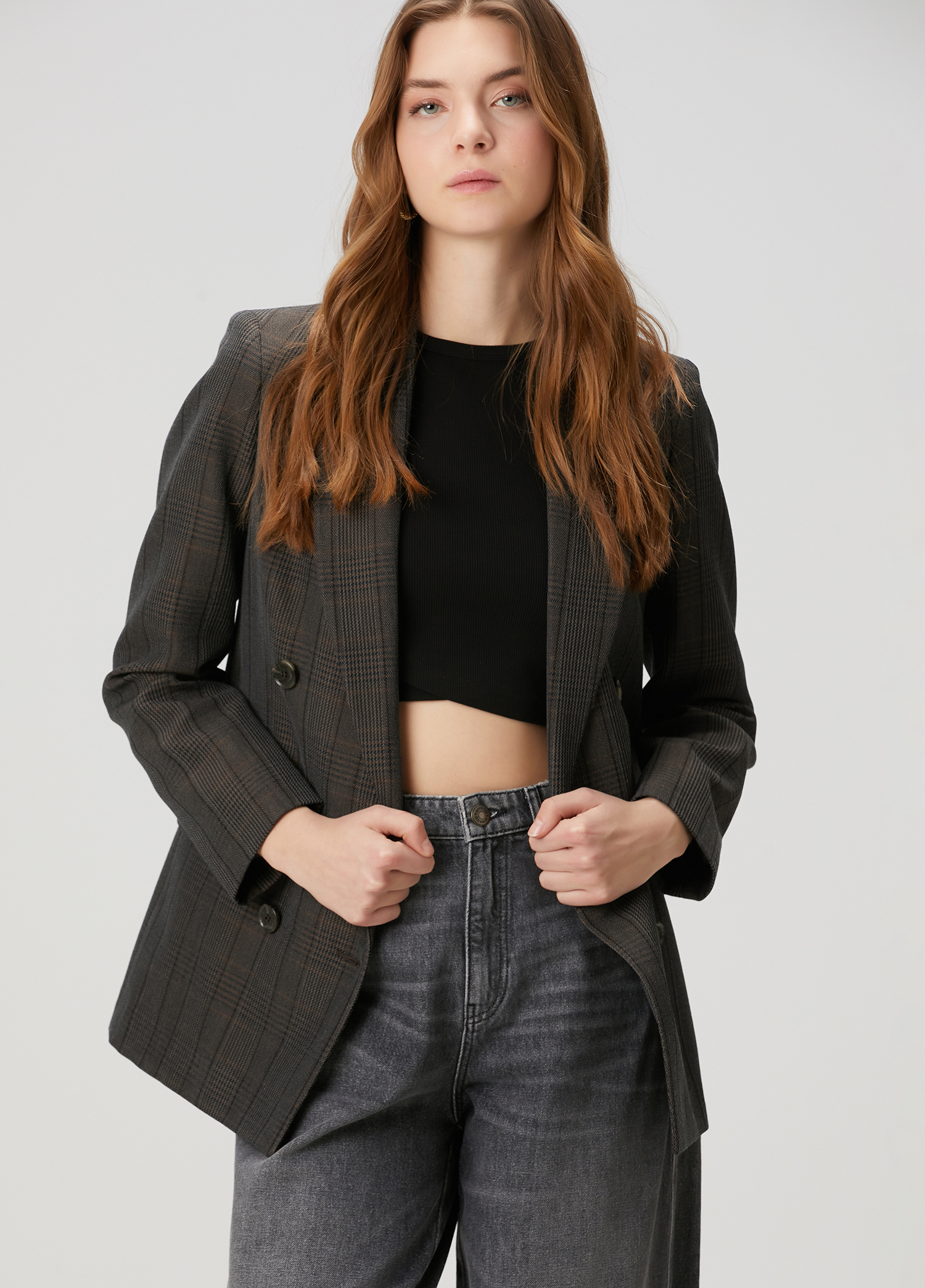 Antrasit Ekoseli Kruvaze Yün Blazer_1