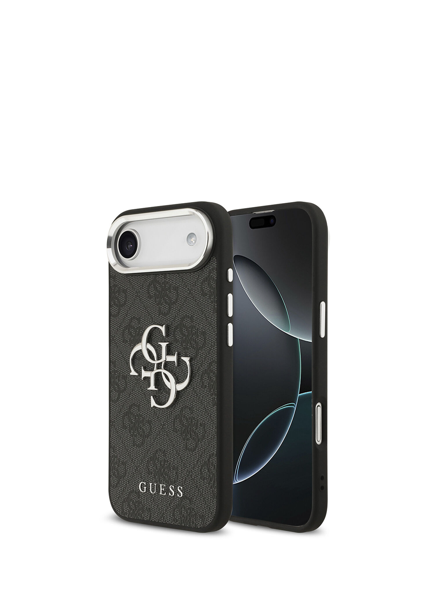 iPhone 17 Air Gümüş Metal Kamera Çerçeveli 4G Desenli Metal Büyük Logolu Siyah Telefon Kılıfı