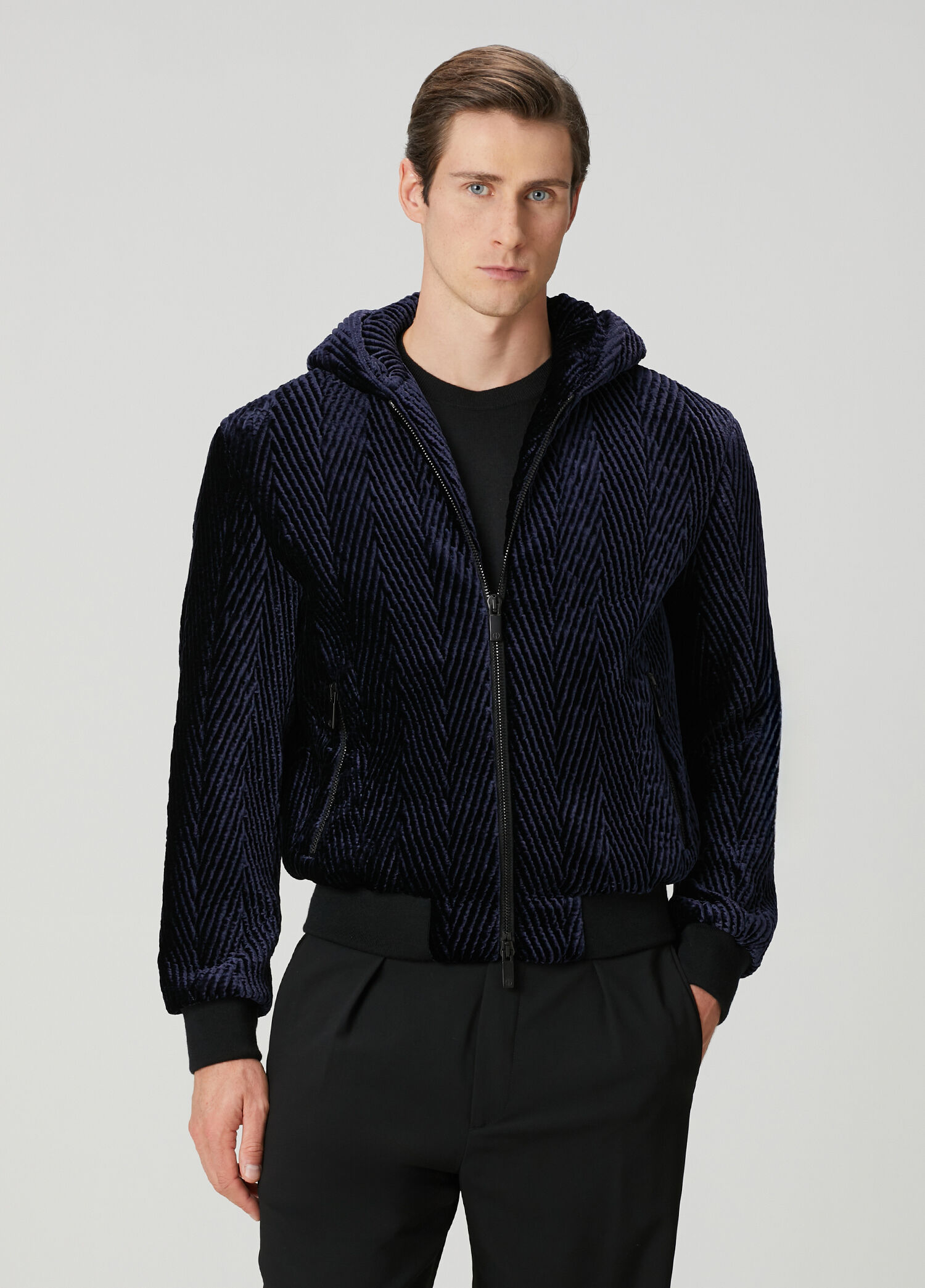 Giorgio Armani - Lacivert Kapüşonlu Kadife Mont - Lacivert