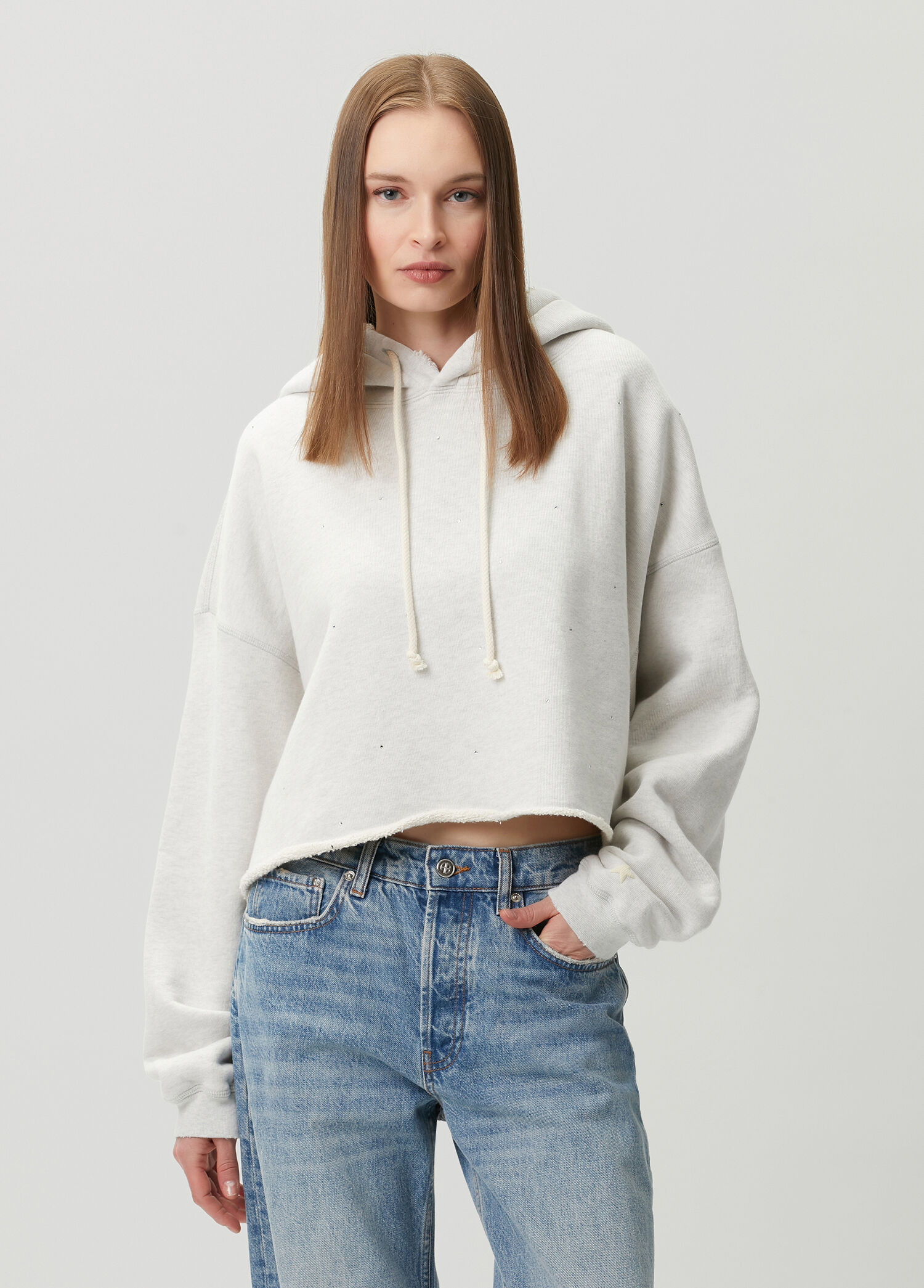 Gri Kapüşonlu Taşlı Sweatshirt