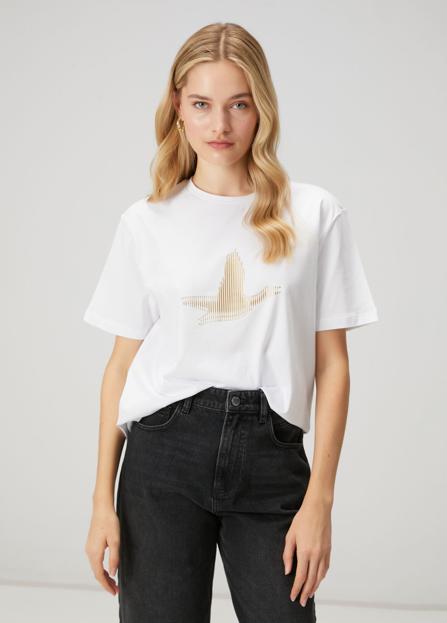 Beyaz Çizgili Logolu T-shirt