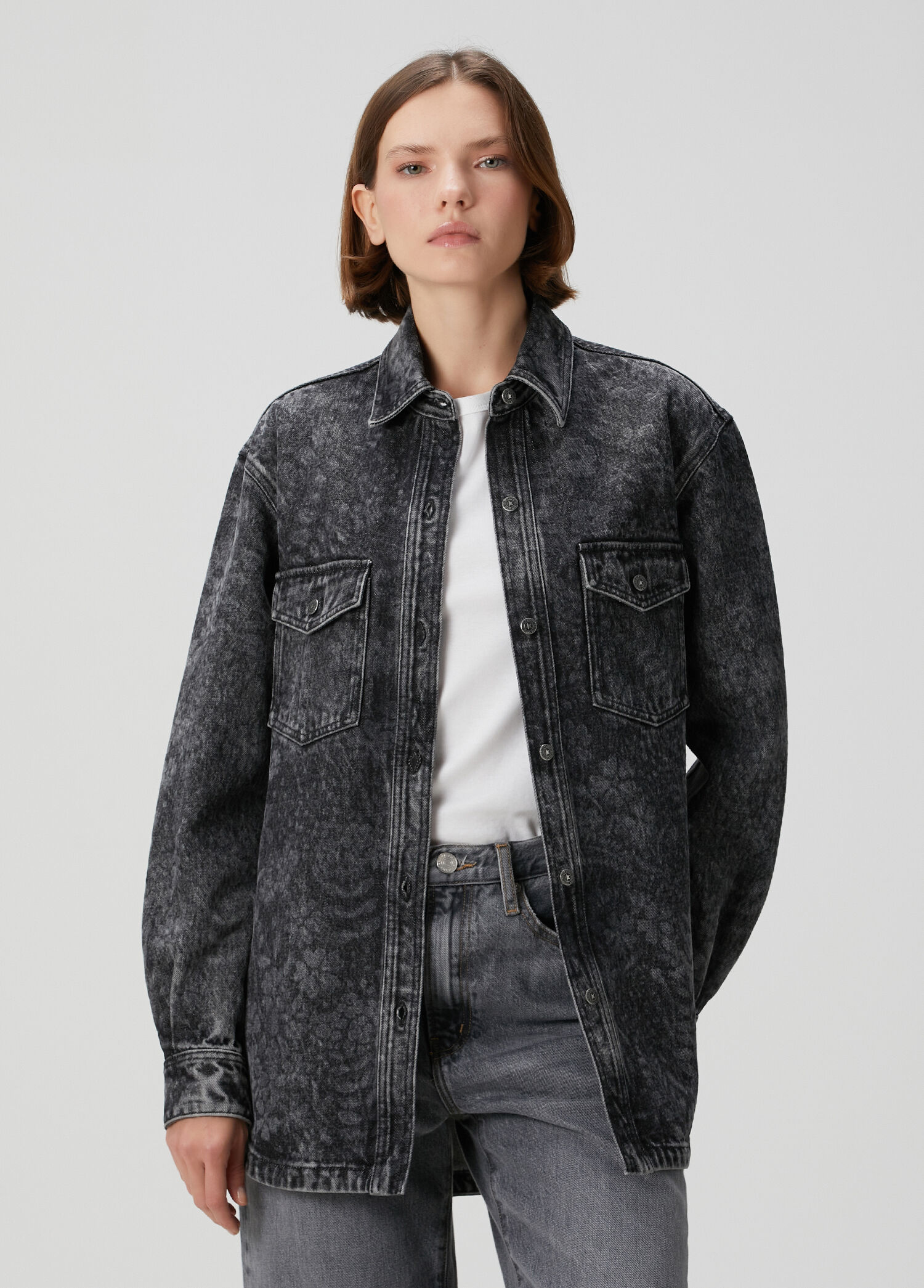 Antrasit Çiçekli Denim Gömlek