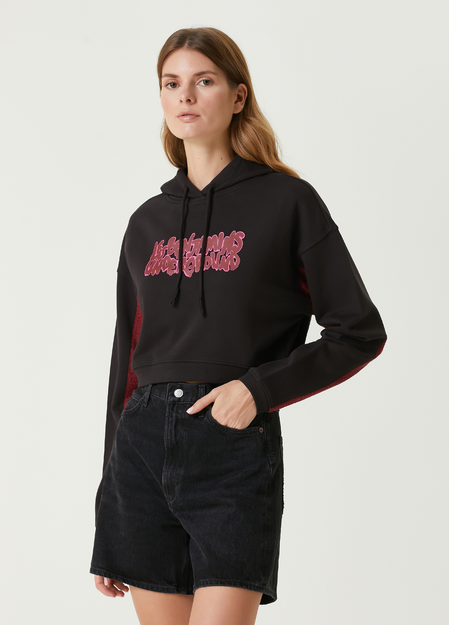 Siyah Kapüşonlu Logo Baskılı Sweatshirt