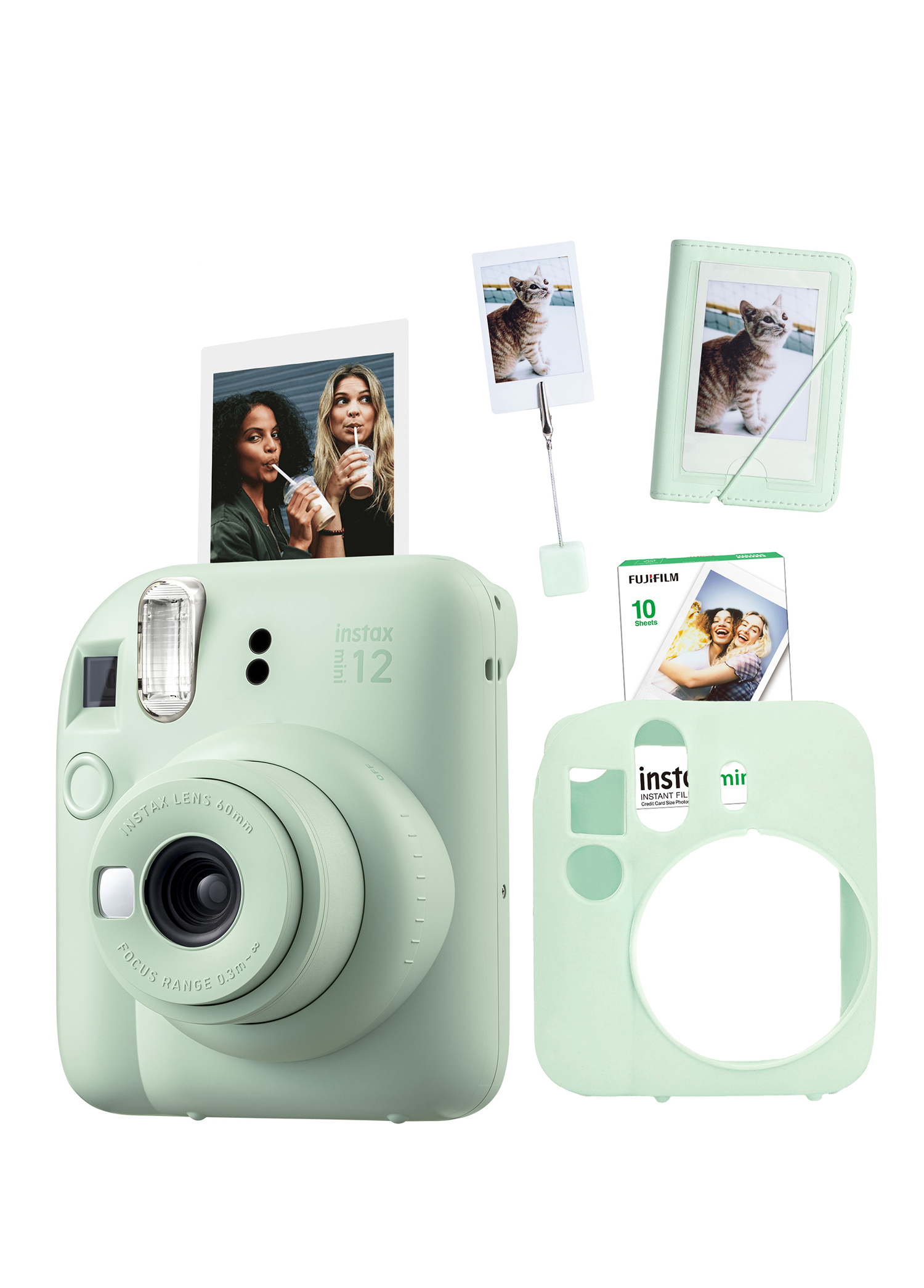 Instax Mini 12 Yeşil Fotoğraf Makinesi + 10'lu Film Kıskaçlı Stand Mini Albüm ve Silikon Kılıf Seti