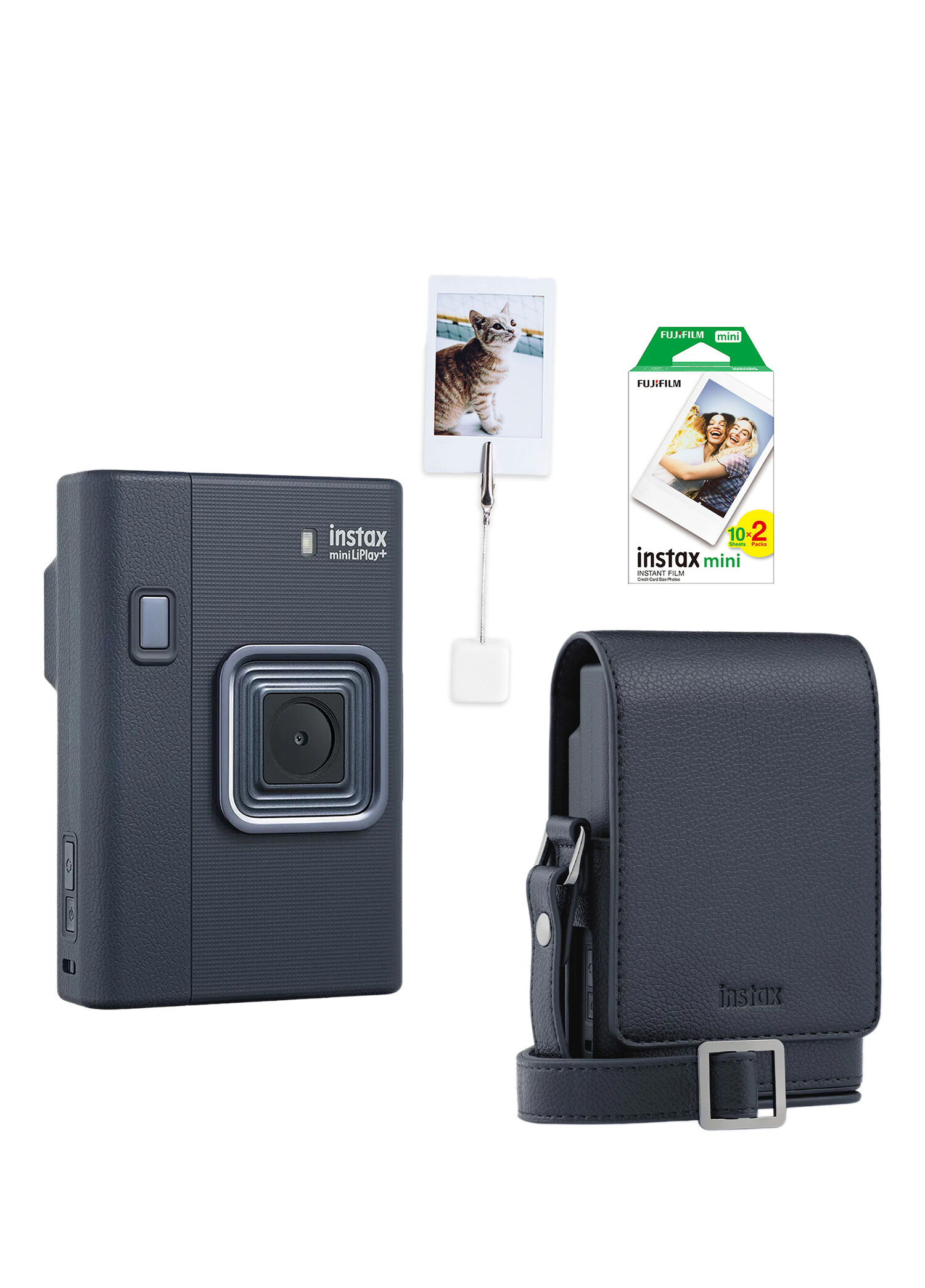 Instax Mini Liplay Plus Midnight Blue Fotoğraf Makinesi 20'li Film + Kıskaç ve Deri Çanta Hediye Seti