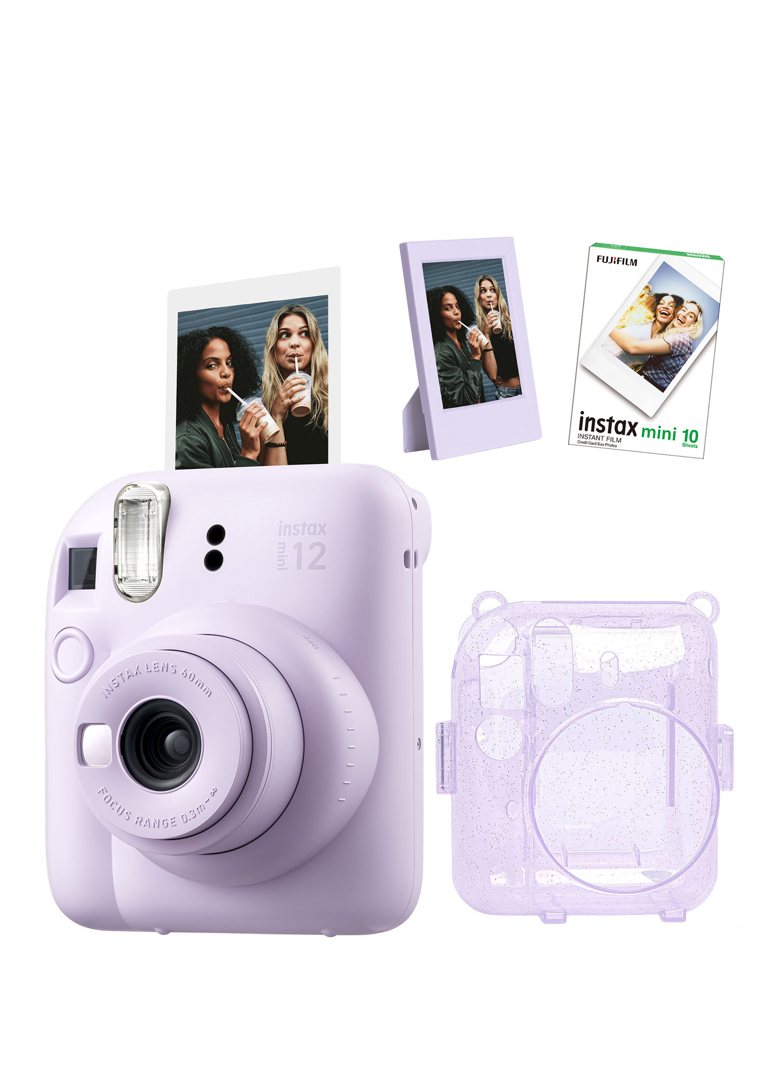 Instax Mini 12 Lila Fotoğraf Makinesi + 10'lu Film ve Simli Pleksi Kılıf Çerçeve Hediye Seti