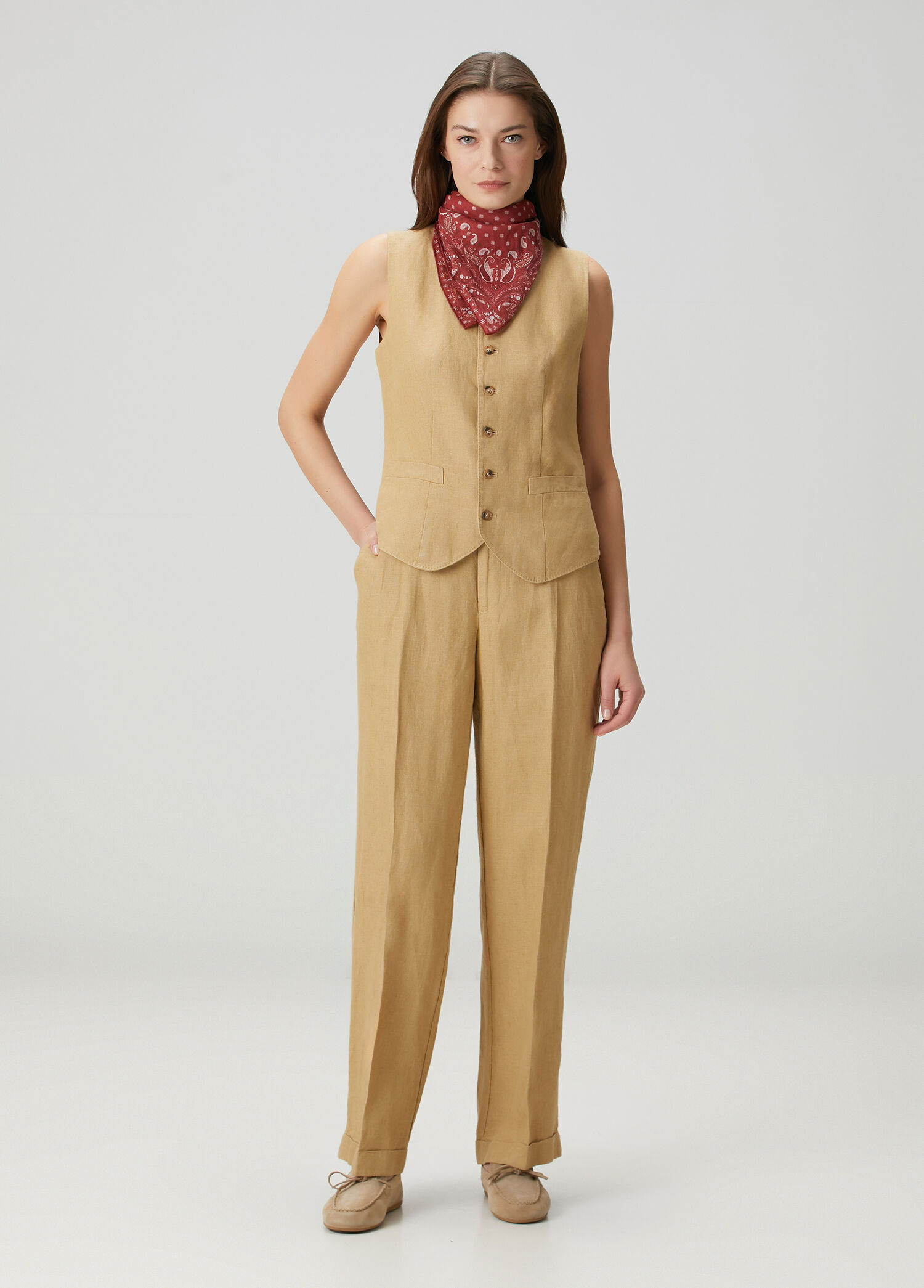 Straight Camel Keten Pantolon